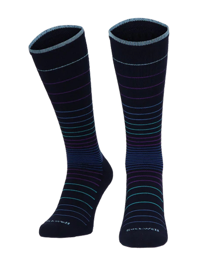 Sockwell Kompressionssocken mit Merinowolle in blau mit farbigen Streifen, Kompression entspricht Klasse 1