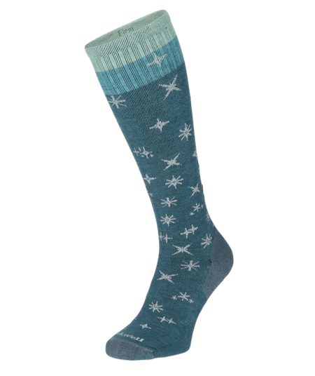 Sockwell Kompressionssocken mit Merinowolle in blau/grün mit glitzernden Sternen, Kompression entspricht Klasse 1