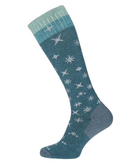 Sockwell Kompressionssocken mit Merinowolle in blau/grün mit glitzernden Sternen, Kompression entspricht Klasse 1